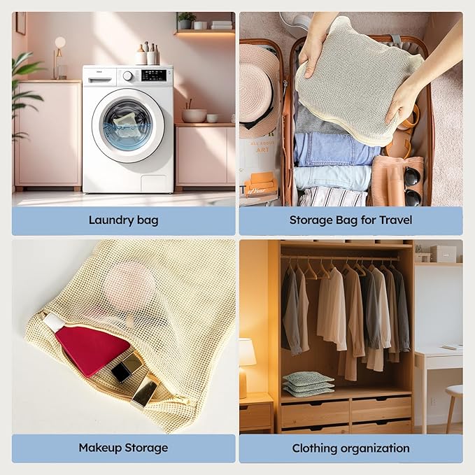 Mesh Laundry Bags Delicates: Laundry Bags Mesh Wash bags - Durable Cotton Garment Bag with Sturdy Zipper for Washing Machine Lingerie Clothes Pants Shoes & Socks Beige(6 PCS)