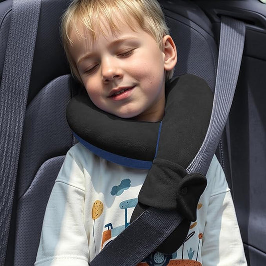 Kids Travel Neck Pillow, Comfortable Head & Chin Support for Car seat & Airplane, Toddler Pillow for Sleeping on Road Trip, Gifts for Child (Black & Light Blue)