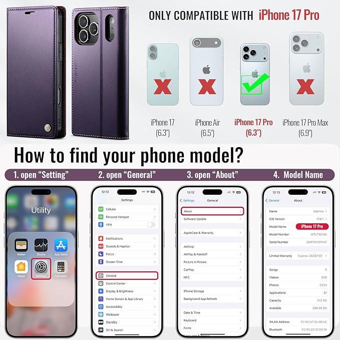 PlusnapX Wallet Case for iPhone 17 Pro Compatible with Magsafe, 2-in-1 PU Leather Flip RFID Blocking Card Holder Stand Shockproof Magnetic Detachable Cover for iPhone 17 Pro Case 6.3", Fashion Purple