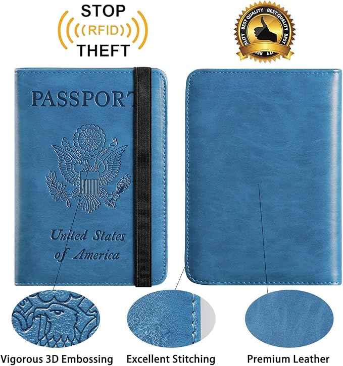 Passport Holder With Luggage Tag Travel Essentials Passport Cover Wallet RFID Blocking Leather Case International Must Haves Travel Accessories Women Men(115#Blue)