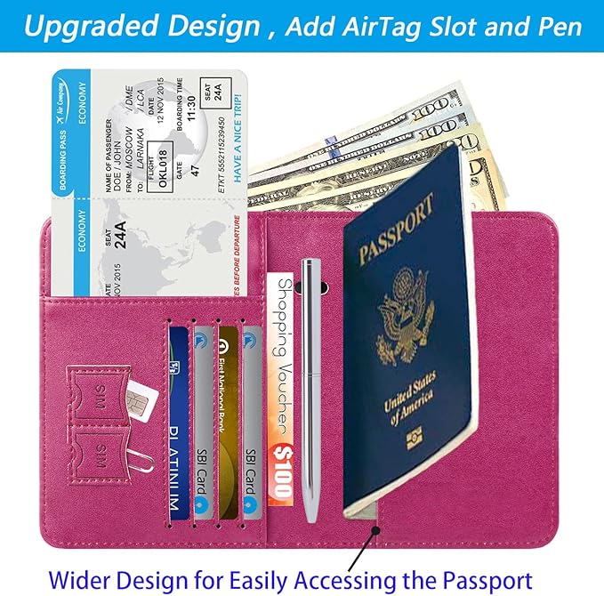 Airtag Passport Holder Cover Wallet Travel Essentials RFID Blocking Leather Card Case International Must Haves Travel Accessories for Women Men(119#Purple)