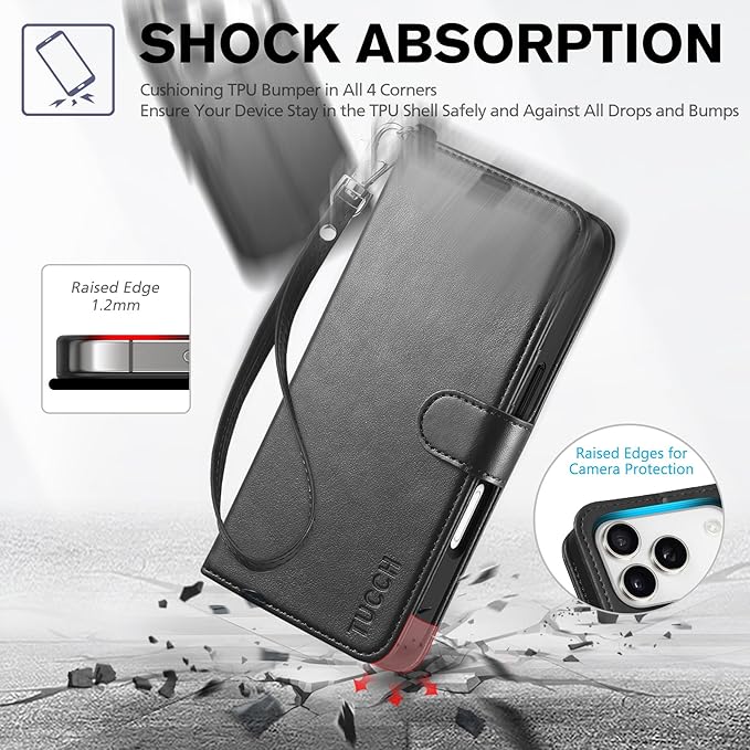 TUCCH Wallet Case for iPhone 17 Pro (6.3") 2025, Wrist Strap RFID Blocking 4 Card Slots, Kickstand, Shockproof TPU Shell, PU Leather, Magnetic Closure, Protective Flip Folio Cover, Black
