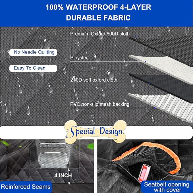Dog Car Seat Cover for Back Seat 600D Scratchproof Nonslip Durable Waterproof Cars Pet Backseat Covers with Mesh Window Dogs Hammock for Car，SUV, Truck (54" W x 58" L)