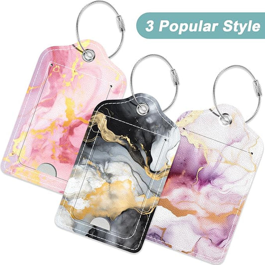 Rimilak 3 Pcs PU Leather Luggage Tags for Suitcase, Travel Cruise Luggage Tag with Privacy Flap, Name ID Label and Metal Loop for Women Men Baggage Handbag School Bag Backpack, Pink Gold Marble