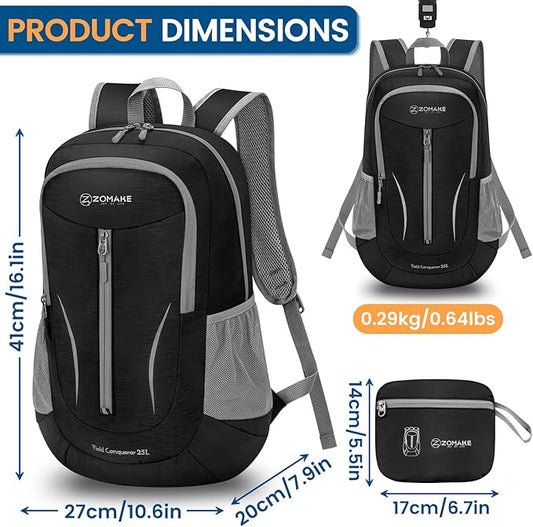 ZOMAKE Ultra Lightweight Packable Backpack 25L, Foldable Hiking Backpacks Water Resistant Small Folding Daypack for Travel(Solid Black)