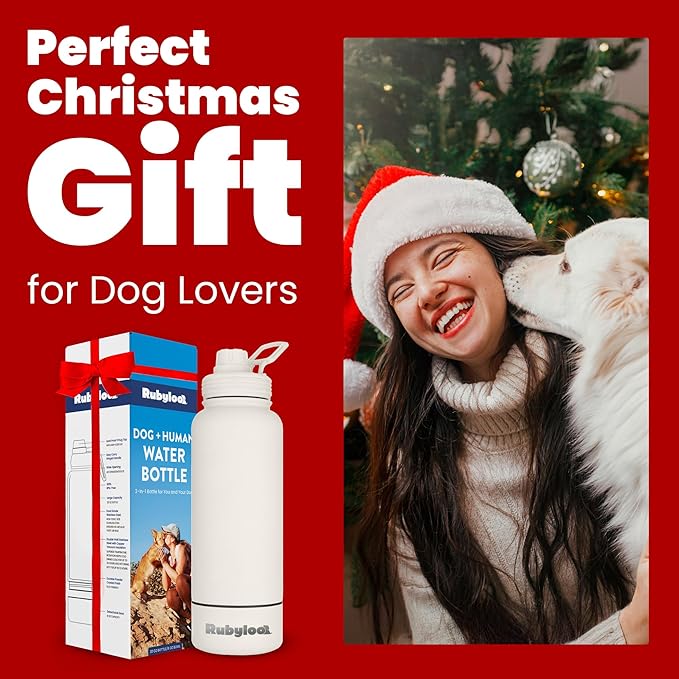Dog Water Bottle for Dog Lovers - 32 oz Stainless Steel Double Wall Insulated Water Bottle with 8 oz Detachable Bowl on Bottom- Ideal Gift for Doggy Lovers for Christmas - Cream