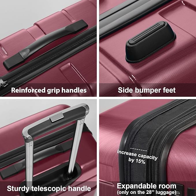 Coolife 3-Piece Luggage Set with Expandable 28-Inch Suitcase, PC+ABS Spinner (20/24/28 Inch, Wine Red)