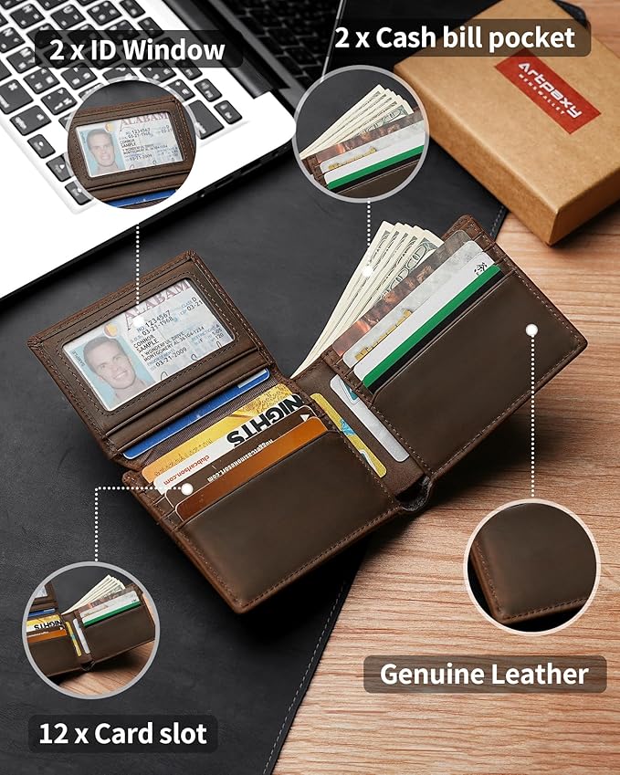 Artpaxy Mens Wallet Bifold Genuine Leather RFID Blocking Wallet for Men with 2 ID Windows 12 Card Holders 2 cash pockets 1 Gift Box