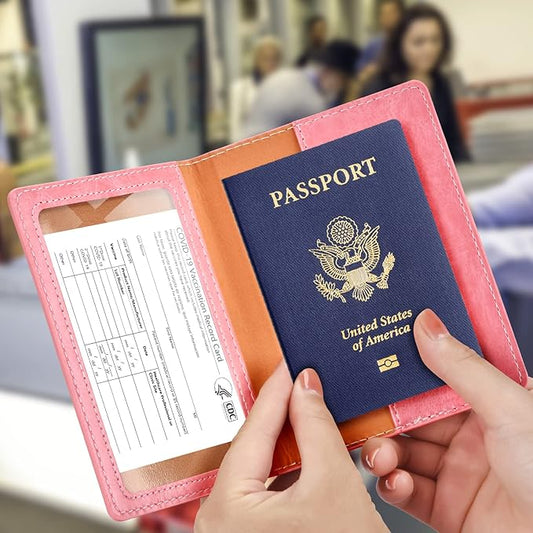 Eoehro Passport and Vaccine Card Holder, Faux Leather, AI-pink, Compact, Lightweight, Waterproof