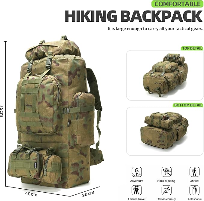 HongXingHai 100L Camping Hiking Backpack,Molle military Tactical rucksack backpack,Waterproof Lightweight Hiking Backpack (Ruin Green)