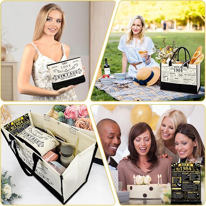 YeohJoy 41st Birthday Gifts for Her Canvas Tote Bag Travel Gear, Unique 41 Years Old Birthday Gifts for Girlfriend Sister Friends Women, Vintage 1984 Handbag & Cosmetic Bag & Back in 1984 Poster