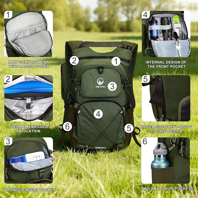 ONETOALL Hydration Backpack 22L, Hiking Backpack with 2L Leakproof Bladder, Sewn-in Rain Cover, Insulated Compartment for Men & Women Running, Cycling, Camping