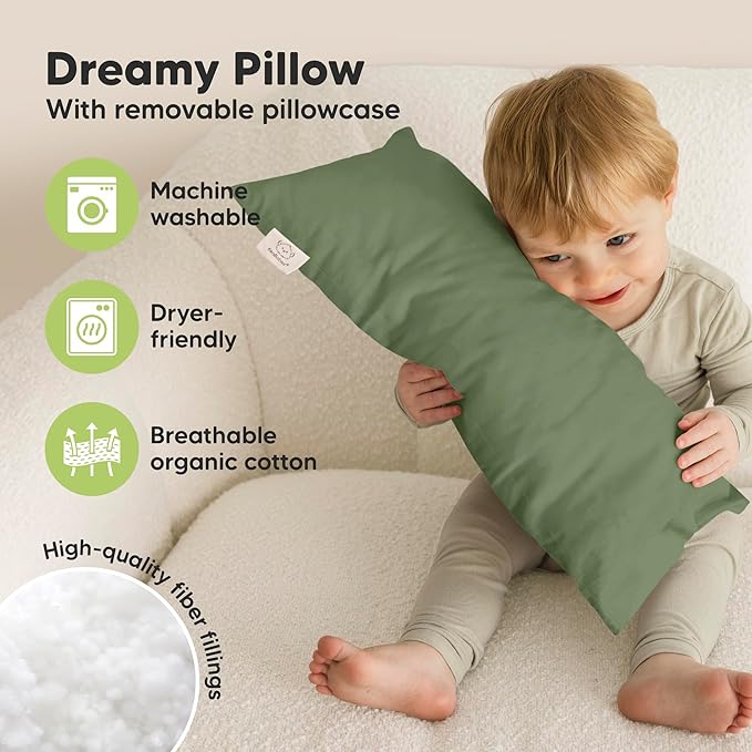Toddler Pillow with Pillowcase - 10x18 My Little Dreamy Kids Travel Bed Pillows for Sleeping, Organic Cotton Small Pillowcase, Soft & Breathable, Machine Washable,Toddlers 2-5 years old (Jungle Green)