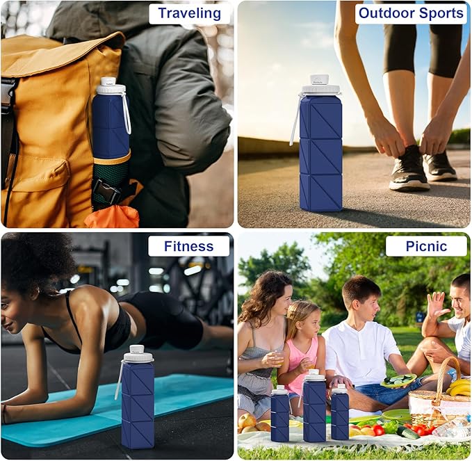 Collapsible Water Bottles 20.6oz Silicone Foldable Leakproof BPA Free Reusable Lightweight Portable Sport Water Bottles For Travel Camping Hiking Outdoor Indoor Detachable for Dishwasher