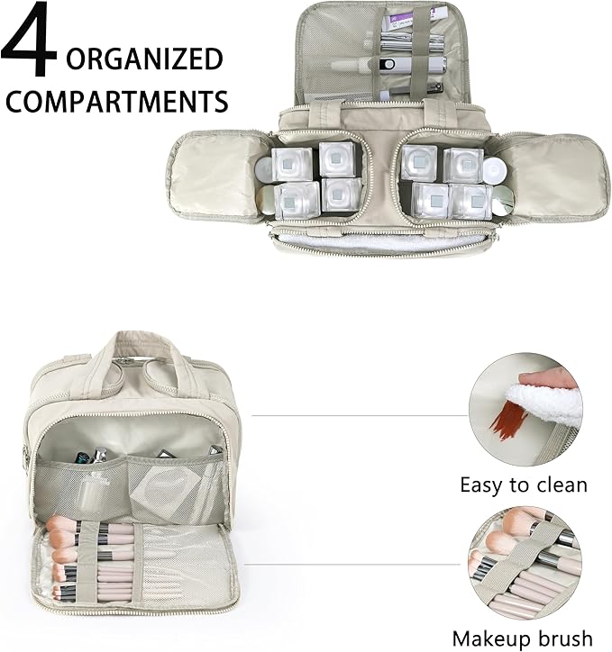 Travel Toiletry Bag for Women, Large Wide-open Puffy Cosmetic Makeup Bag with Wet-Dry Separation, Multi-Pocket Organizer with Carry Handle for Toiletries, Cosmetics, Essentials, Beige