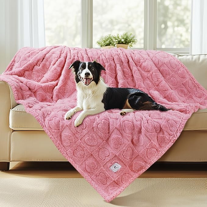 Luciphia Waterproof Dog Blanket for Medium Large Dogs Washable Bed Couch Protector Soft Fluffy 3D Heart Jacquard Pet Blanket with Sherpa Fleece Cozy Calming Throw Blankets, Pink 65x57 inch