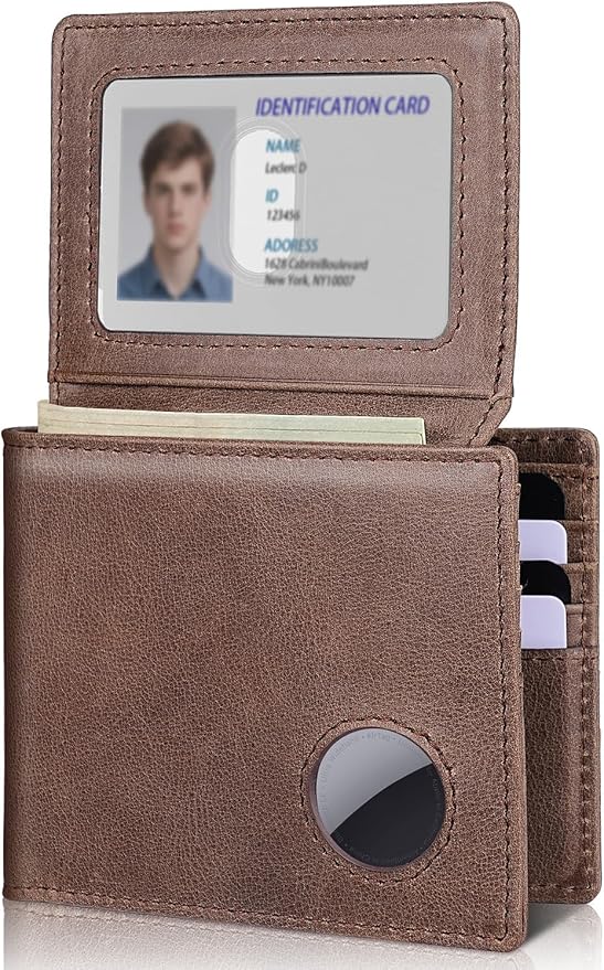 Mens Wallet with AirTag Holder, Genuine Leather Bifold RFID Blocking Wallet for Men - 2 ID Window 13 Cards Holders 1 Gift Box, AirTag Not Included