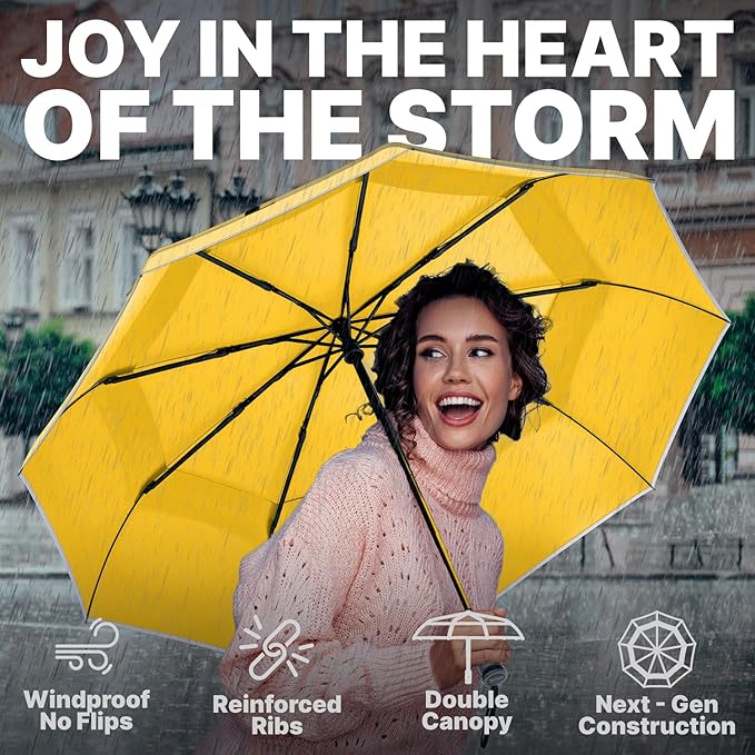 Royal Walk Windproof Folding Travel Umbrella Compact and Strong Luxurious Real Wood Handle Automatic Open Close Vented Double Canopy for Men and Women