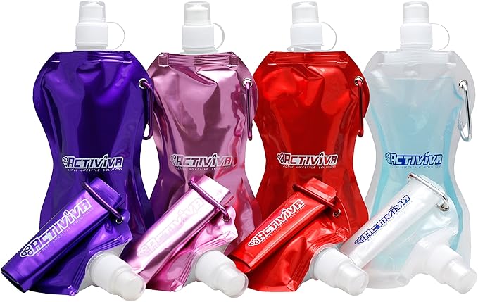 USA Merchant | Collapsible Reusable Water Bottle with Carabiner Clip Light Weight Leak Proof Foldable Drinking Water Bottle Non Toxic BPA Free - 16.9 oz 4 Pack (Pink, Purple, Red, Clear)