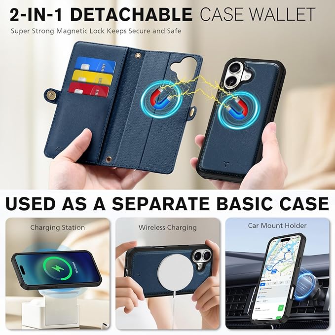 TUCCH Crossbody Detachable Wallet Case for iPhone 17 (6.3") 2025, 9 Card Holders RFID Blocking, Wireless Charging, Stand, Wrist Strap, Lanyard, Zipper Pocket, PU Leather Shockproof Cover, Dark Blue
