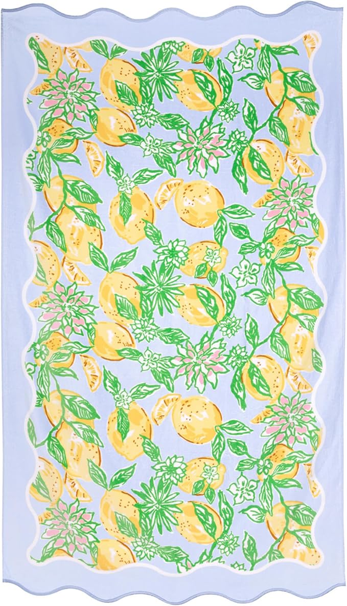Lilly Pulitzer Oversized Pool/Beach Towel, 40 x 72, Large Cotton Towel with Scalloped Edges for Adults, Yellow/Green Lemon Print, Make Lemonade