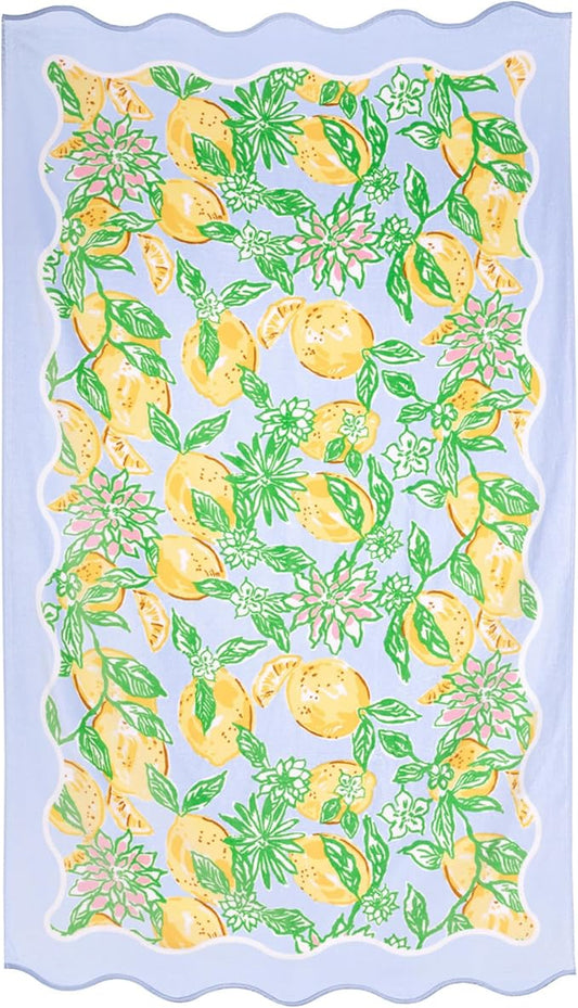 Lilly Pulitzer Oversized Pool/Beach Towel, 40 x 72, Large Cotton Towel with Scalloped Edges for Adults, Yellow/Green Lemon Print, Make Lemonade