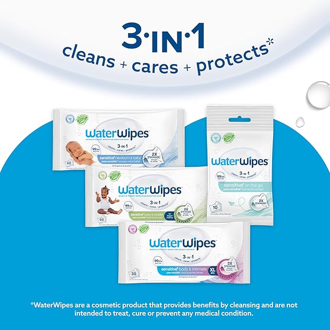 WaterWipes Sensitive+ On The Go Wipes, 3-In-1 Cleans, Cares, Protects, 99.9% Water, Unscented & Hypoallergenic Wet Wipes, 28 Count (Pack of 1)