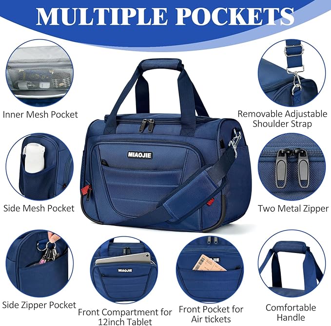 Underseat Carry On luggage Bag Airplanes Personal Item Bags Weekender Overnight Travel Tote Bag Shoulder Small Softside Carry on Luggage Travel Duffel Bags For Men Women -16 IN Navy Blue