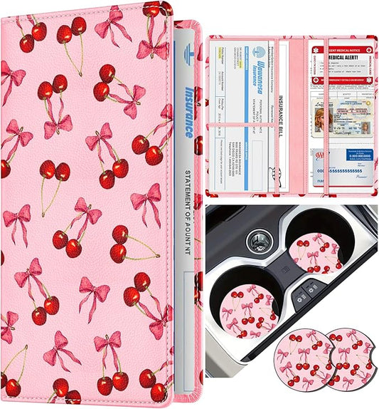 Slohif Car Registration and Insurance Holder - Cherry Vehicle Glove Box Organizer Women with Magnetic Shut Leather Automobile License Holders Coasters Auto Accessories Case for Document