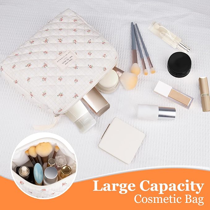 Floral Makeup Bag, Small Cosmetic Bag for Women Girls, Cute Cotton Makeup Bag, Quilted Makeup Bags, Flower Travel Toiletry Organizer Bag(Checkered Flower)