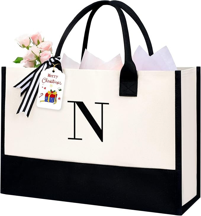 BAGAIL Initial Tote Bag, Personalized Birthday Gifts for Women, Teacher, Friends, Mom, Wedding, Monogrammed Beach Bag