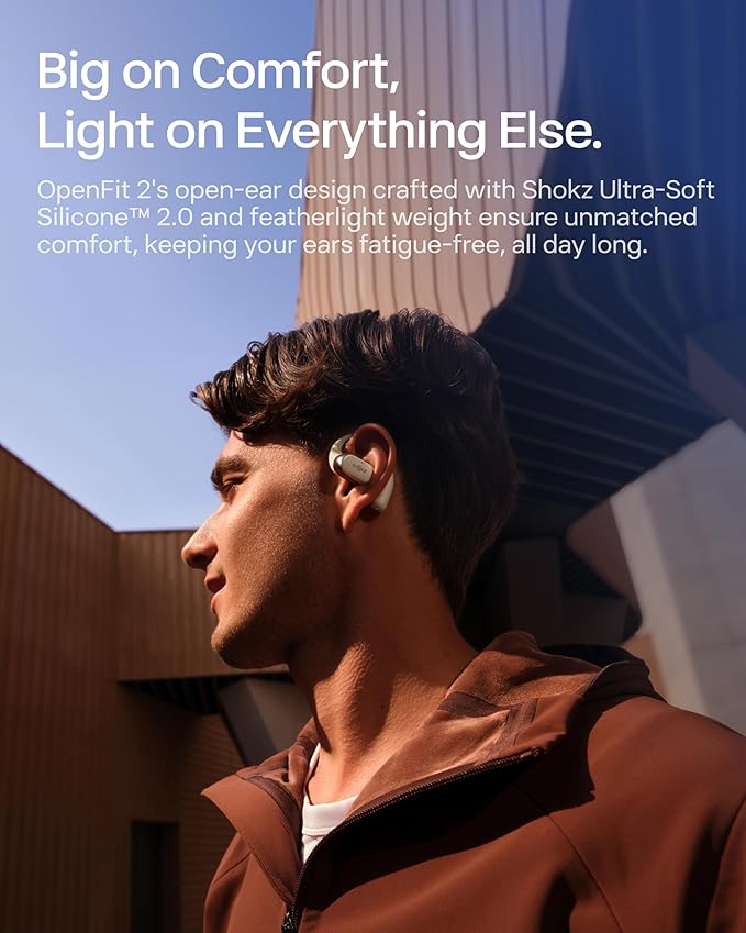 SHOKZ OpenFit 2 Open-Ear Headphones,True Wireless Bluetooth Earphones with Microphone,Earhook Earbuds with 48 Hours of Playtime,Fast Charging,IP55 Water-Resistant,with Carrying Bag,Beige,Bluetooth5.4