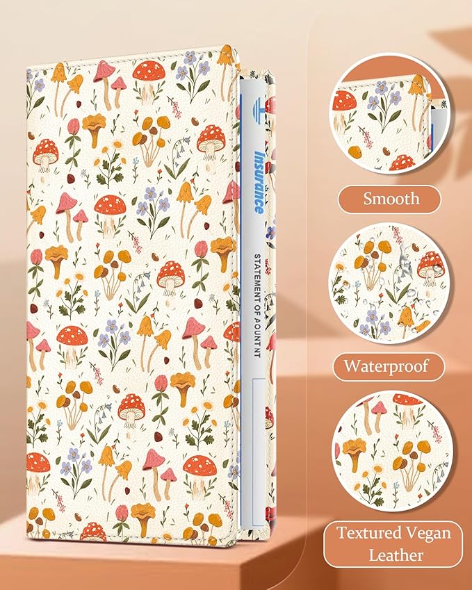 Slohif Car Registration and Insurance Holder - Mushroom Vehicle Glove Box Organizer Women with Magnetic Shut Leather Automobile License Holders Coasters Auto Accessories Case for Document