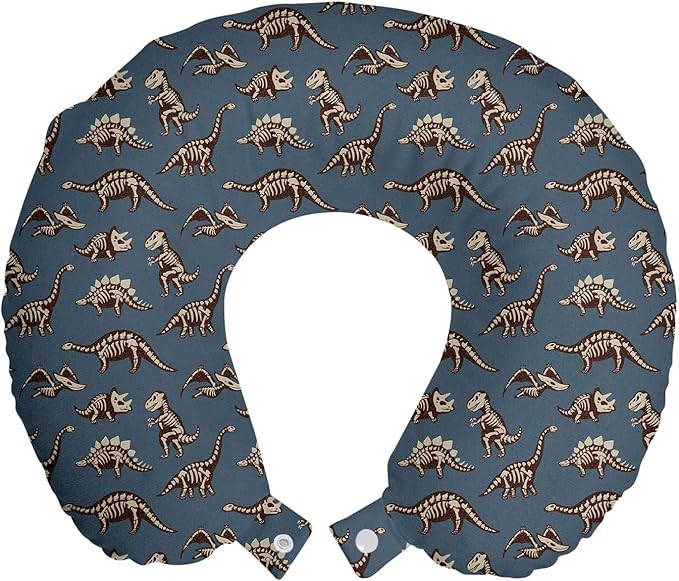 Ambesonne Cartoon Travel Pillow Neck Rest, Disparate Fossil Dinosaurs Skeletons Jurassic Period, Memory Foam Traveling Accessory for Airplane and Car, 12", Seal Brown Slate Blue