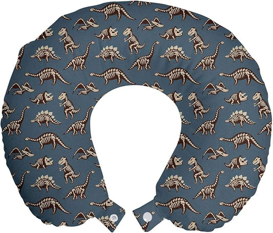 Ambesonne Cartoon Travel Pillow Neck Rest, Disparate Fossil Dinosaurs Skeletons Jurassic Period, Memory Foam Traveling Accessory for Airplane and Car, 12", Seal Brown Slate Blue