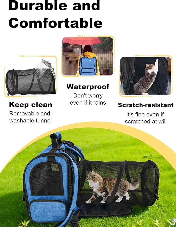 Large Cat Carrier with Tunnel Extension, Portable Small Dog Backpack with Ventilated Mesh Windows, Anti-Scratch Fabric, Luggage Strap and Chest Buckle for Travel, Hiking, Camping,Gray Blue