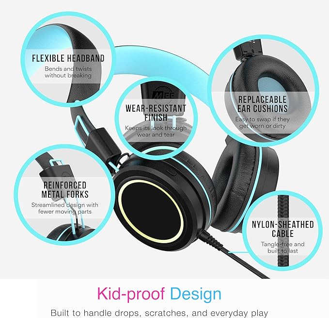 MEE audio KidJamz KJ55 USB-C Headphones for Kids w/LED Lights, Volume Limiter, Microphone On-Ear Wired Children's Headset for iPhone 15/16/17, iPad, Other USB Type C Devices (Plain Black)