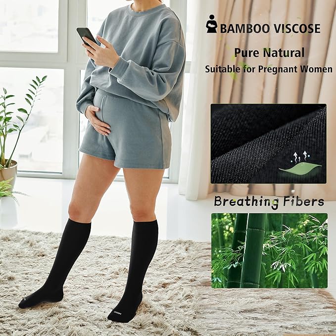 LEVSOX Viscose Made from Bamboo Compression Socks for Pregnant Women 20-30 mmHg Knee High Cute Mens Supports Socks for Travel