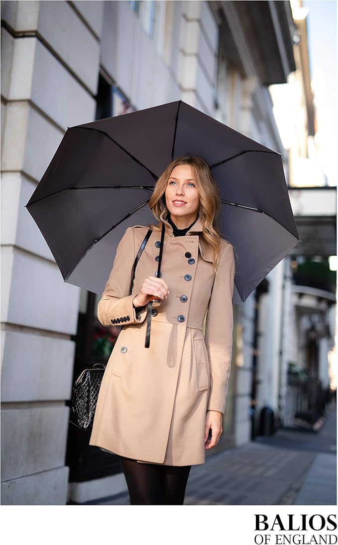 Balios (Designed in UK) Travel Umbrella Luxurious Golden Hardwood Handle Auto Open & Close Windproof Frame Single Canopy Automatic Folding Umbrella Men's & Ladies