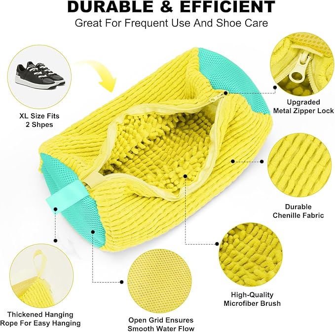Shoe Washing Machine Bag - Laundry Shoe Bag (2-Pack) Includes 3 Laundry Bags, Reusable, Washer & Dryer Safe, 360° Deep Cleaning for All Shoe Types, Self-Locking Zipper(Yellow)