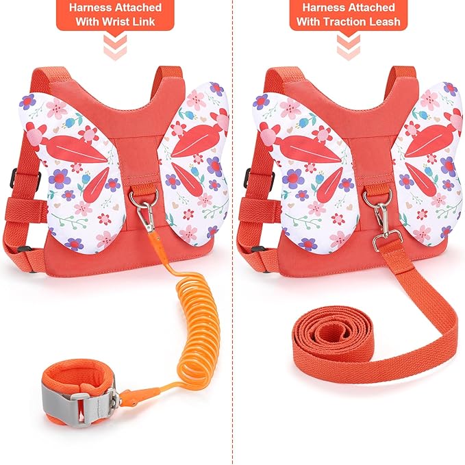 Accmor Toddler Harness Leash + Anti Lost Wrist Link, Cute Butterfly Kids Leash for Outdoor Travel, Child Walking Harness Wristband Assistant Strap Belt Keep Kids Close for Baby Boys Girls (Orange)
