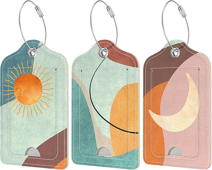 Rimilak 3 Pcs PU Leather Luggage Tags for Suitcase, Travel Cruise Luggage Tag with Privacy Flap, Name ID Label and Metal Loop for Women Men Baggage Handbag School Bag Backpack, Day and Night