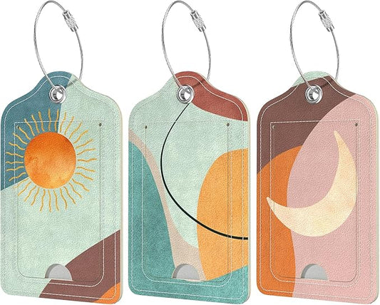 Rimilak 3 Pcs PU Leather Luggage Tags for Suitcase, Travel Cruise Luggage Tag with Privacy Flap, Name ID Label and Metal Loop for Women Men Baggage Handbag School Bag Backpack, Day and Night