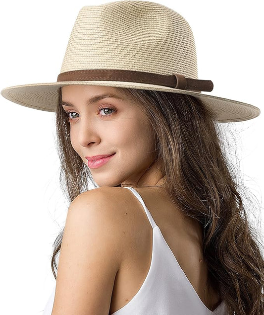 FURTALK Womens Mens Wide Brim Straw Panama Hat Fedora Summer Beach Sun Hats UPF Straw Hat for Women