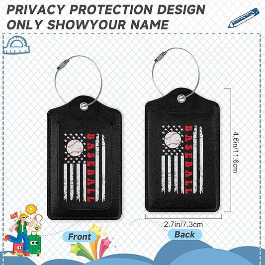 2 Pack Leather Luggage Tag for Suitcase Vintage Baseball American Flag Unique Travel Tags with Privacy Cover ID Label & Stainless Steel Loop for Men and Women Baggage