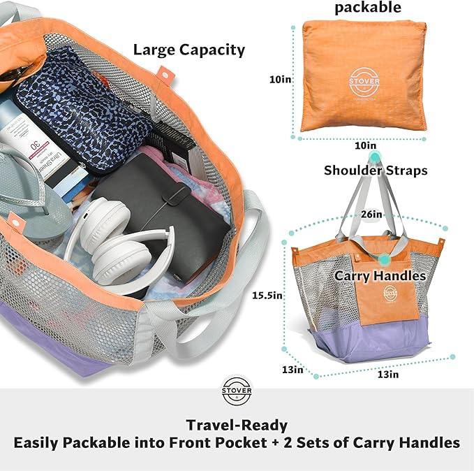 STOVER Large Mesh Beach Bag, Vacation, Pool, Shopping, & Travel Tote - Foldable w/Storage Pockets for Women, Men & Families