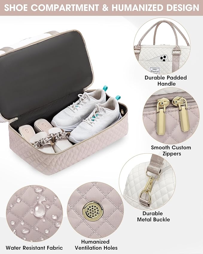 Travel Duffle Bag Weekender for Women: Travel Duffel Bag Carry-On Overnight Bag with Shoe Compartment & Wet Pocket Large Weekend Tote Bag withGym Duffel Bag for Hospital Beige