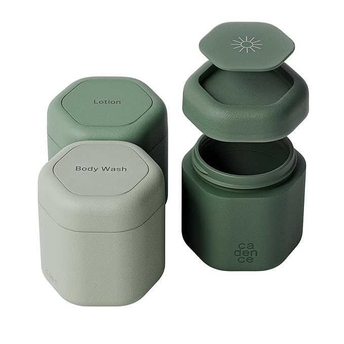 Cadence Travel Containers - Body Care Capsule Set - Magnetic Containers with Lids,Carry On Travel Essentials for Women/Men - 3 Flex Mediums (1.32oz) - Body Wash, Lotion & Sun Icon Labels - Evergreen