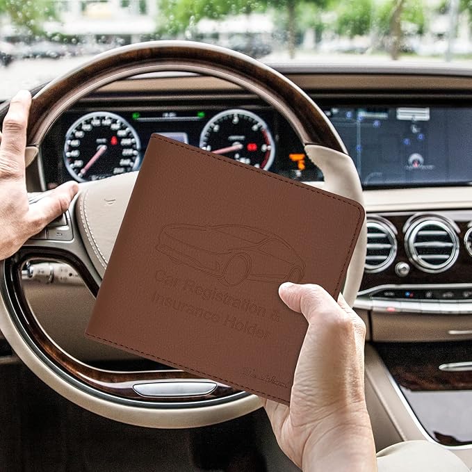 Car Insurance and Registration Holder, 5.5 x 5 Inch PU Leather Vehicle Glove Box Organizer Wallet Case for Insurance Card, Driver License, Paperwork - Brown