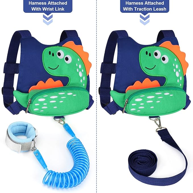 Toddler Harness Leash with Anti Lost Wrist Link, Accmor Cute Dinosaur Kids Harness Children Leash for Outdoor Travel, Adorable Baby Anti Lost Leash Walking Wristband Assistant Strap Keep Babies Close